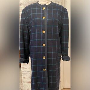 Vintage Navy Blue Plaid Women's Thick Wool Coat Jacket Dress. Buttons have wear.